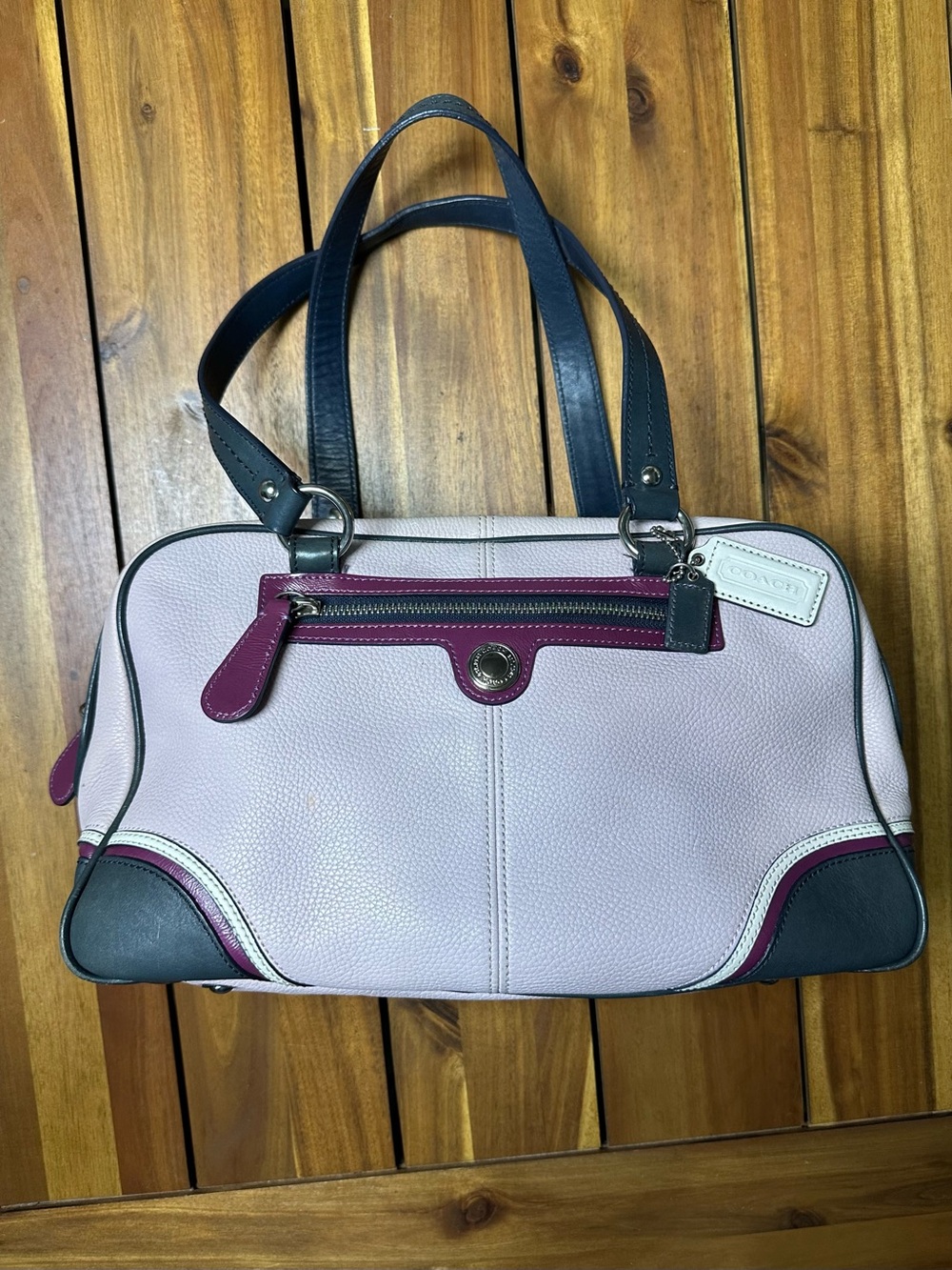 Coach Pink Leather Laura Spectator Shoulder Bag with Navy and Maroon Accents